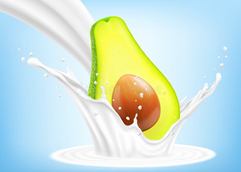 Färskt moget avokado faller i ett skikt av yoghurt eller mjölkcocktailsplash med droppar mjölkskaka splash med grön juicy avocado royaltyfri illustrationer