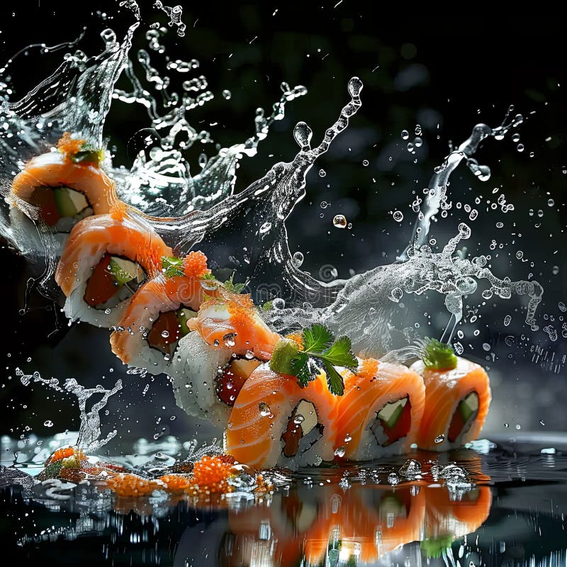 Färskt sushi faller ner i vattnet. Utslag av vatten från fallande sushi.. royaltyfri illustrationer