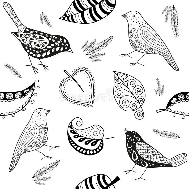 Fågel och blad för klotter för vektorseamles patern royaltyfri illustrationer Fågel och blad för klotter för vektorseamles patern royaltyfri illustrationer