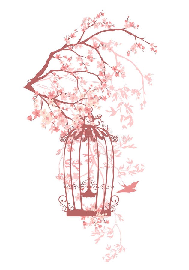 Fågelburen bland rosa färger blommar - vektorn för vårsäsongen vektor illustrationer