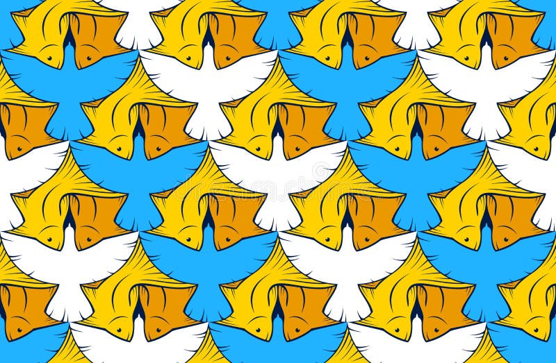 Fåglar och fiskar vektorns skarvlösa bakgrund i konstnärligt format för escher. royaltyfri illustrationer