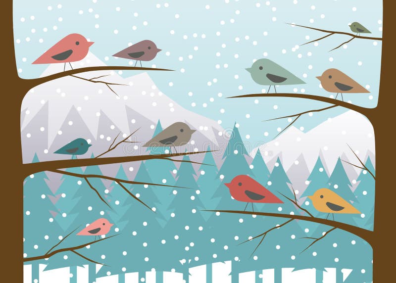 Fåglar på filial i vinterskog royaltyfri illustrationer Fåglar på filial i vinterskog royaltyfri illustrationer