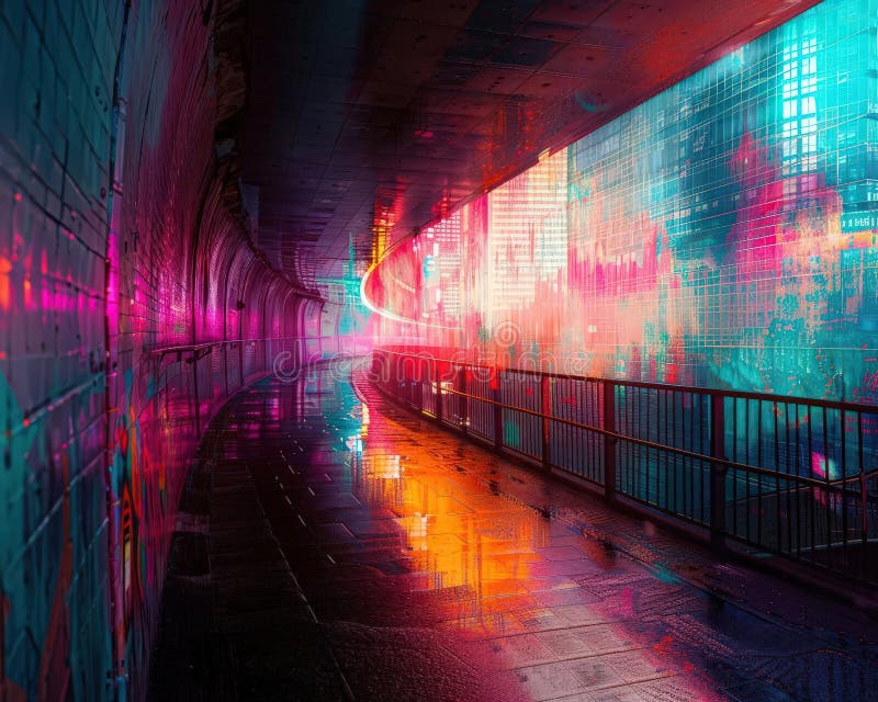 Fånga ett cybernetiskt cityscape som blandar futuristiska hologram med gritty street-murar med hjälp av dynamiska vinklar för att stock illustrationer