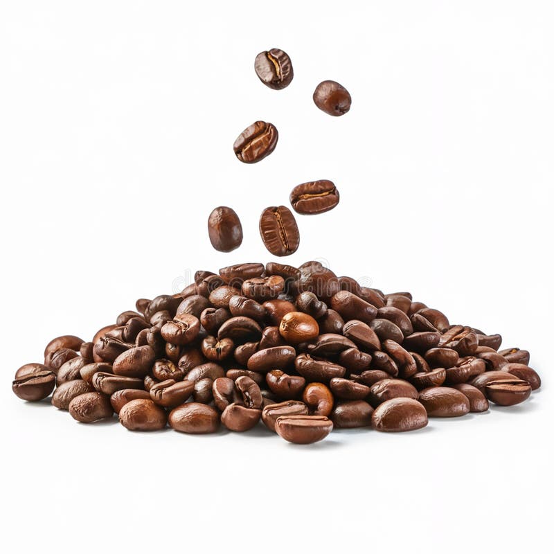 Fèves de café torréfiées tombant sur le tas brun aroma riche caféine boisson énergie délicieuse boisson chaude nourriture sombre illustration stock