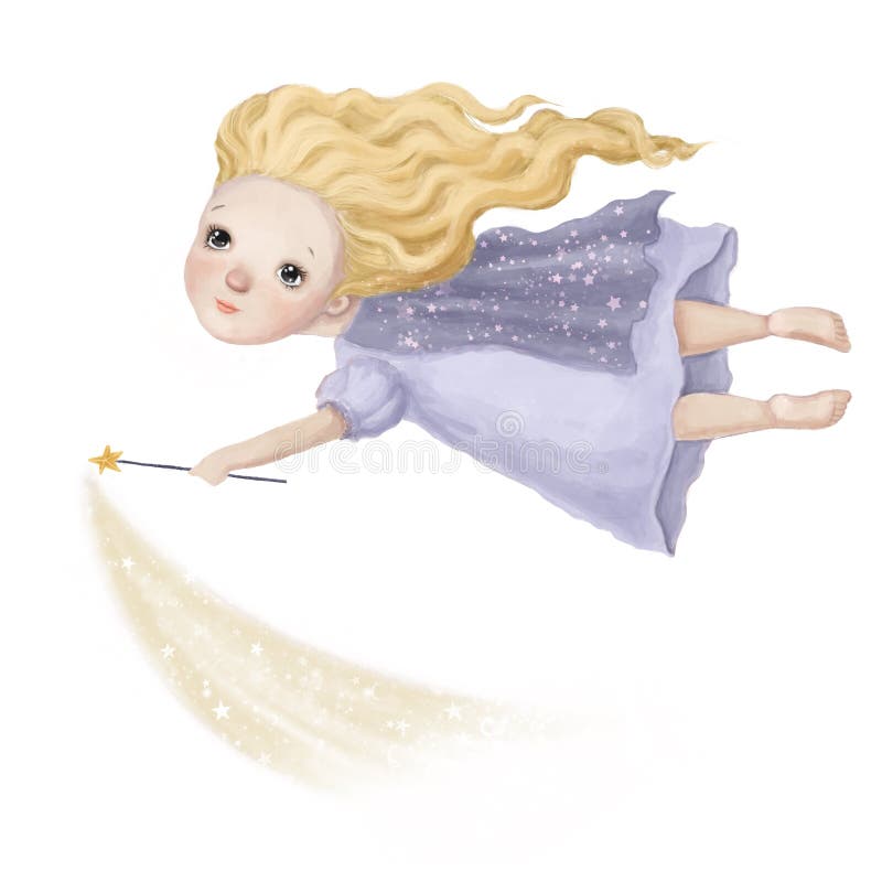 Fée de nuit mignonne avec bâton magique aquarelle style illustration clipart de bonne nuit avec personnage de dessin animé illustration stock