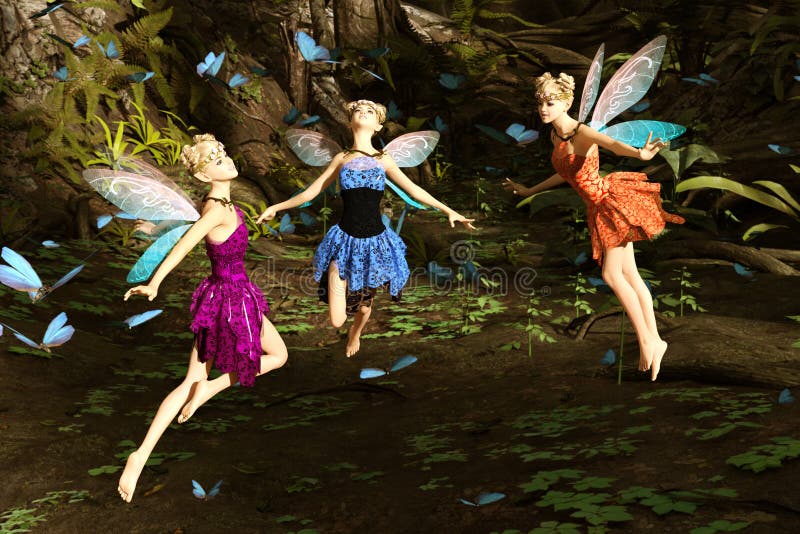 Fées volant dans la forêt magique illustration stock