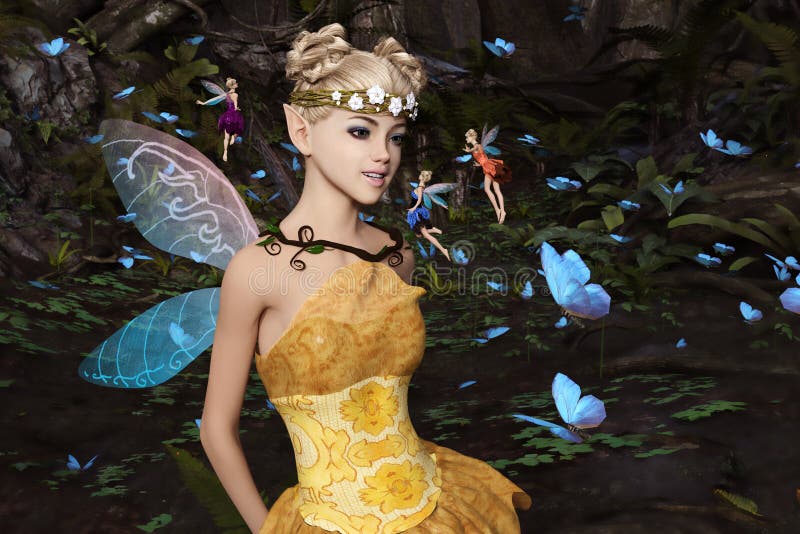 Fées volant dans la forêt magique illustration stock