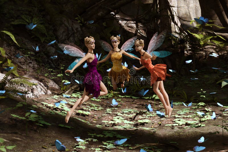Fées volant dans la forêt magique illustration de vecteur
