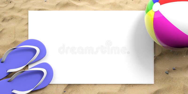 Férias da praia do verão Falhanços de aleta e bola de praia no Sandy Beach, Livro Branco vazio, espaço da cópia, vista superior i ilustração stock Férias da praia do verão Falhanços de aleta e bola de praia no Sandy Beach, Livro Branco vazio, espaço da cópia, vista superior i ilustração stock