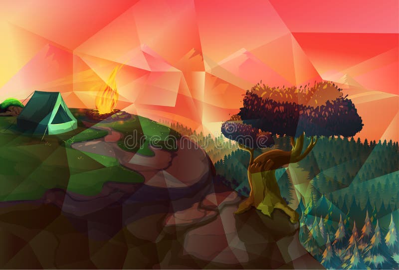 Férias de acampamento da ilustração do vetor do polígono com barraca, fogueira e natureza ao redor ilustração stock Férias de acampamento da ilustração do vetor do polígono com barraca, fogueira e natureza ao redor ilustração stock