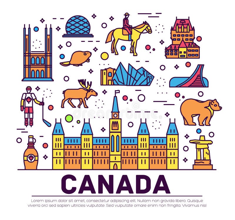 Férias do curso de Canadá do país infographic do lugar e da característica Grupo de arquitetura, forma, pessoa, artigo, natureza ilustração royalty free Férias do curso de Canadá do país infographic do lugar e da característica Grupo de arquitetura, forma, pessoa, artigo, natureza ilustração royalty free