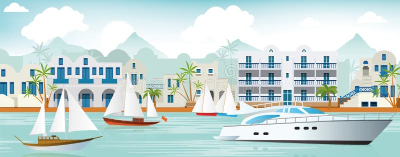 Vector illustration of greek coast with houses and boats. Vector illustration of greek coast with houses and boats