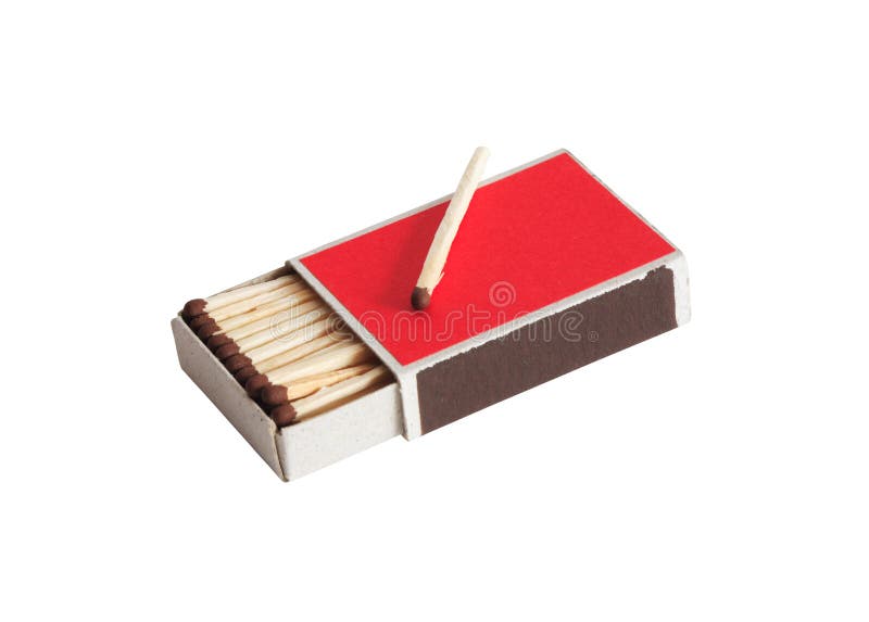 One match lying on open red matchbox. Isolated on white with clipping path. One match lying on open red matchbox. Isolated on white with clipping path
