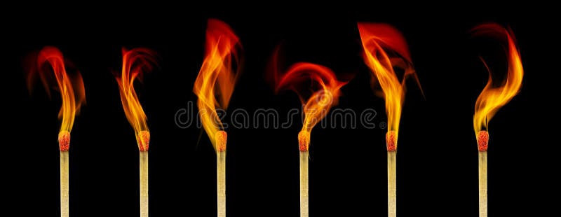 Group of wooden matches stick with fire burning isolated on black background. Group of wooden matches stick with fire burning isolated on black background.