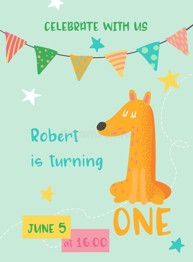 Birthday Baby Cute Card with Fox and Number One, Invitation Postcard, Flyer, Poster, Greetings Illustration in vector. Birthday Baby Cute Card with Fox and Number One, Invitation Postcard, Flyer, Poster, Greetings Illustration in vector