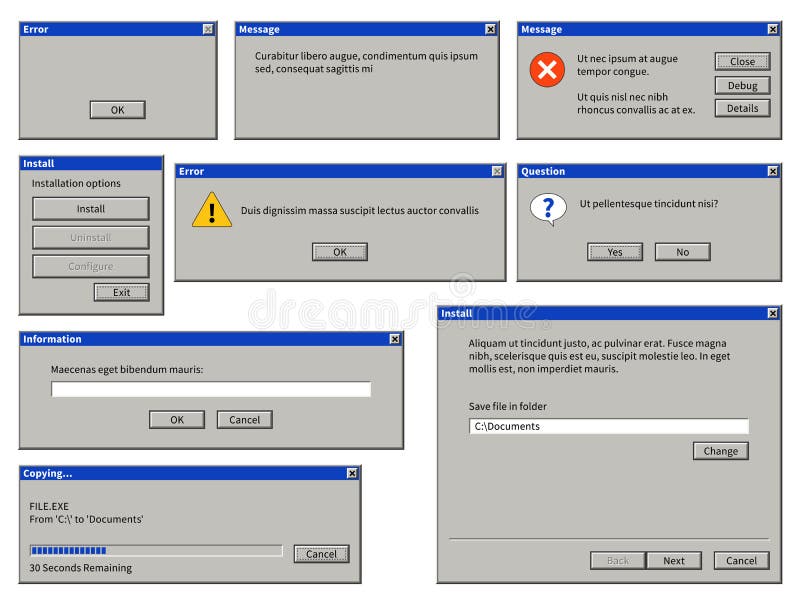 Old user interface window. Computer retro browser dialog box with buttons. Warning system messages vector popup error messaging templates. Old user interface window. Computer retro browser dialog box with buttons. Warning system messages vector popup error messaging templates