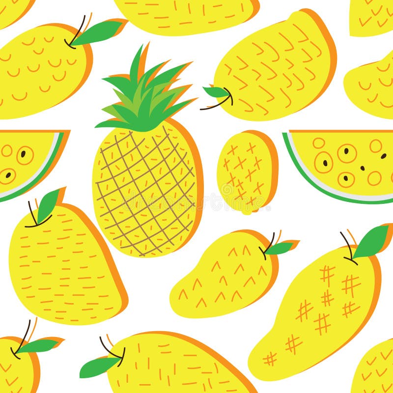 För ananasvattenmelon för mango gul en modell för fri stil sömlös vektor illustrationer För ananasvattenmelon för mango gul en modell för fri stil sömlös vektor illustrationer