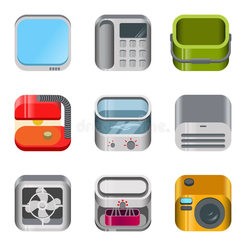 Home table electronics glossy app dashboard icon vector set. Stylish modern mobile web application icons collection. TV telephone bucket lamp food processor mincer blender fan camera air conditioner. Home table electronics glossy app dashboard icon vector set. Stylish modern mobile web application icons collection. TV telephone bucket lamp food processor mincer blender fan camera air conditioner.