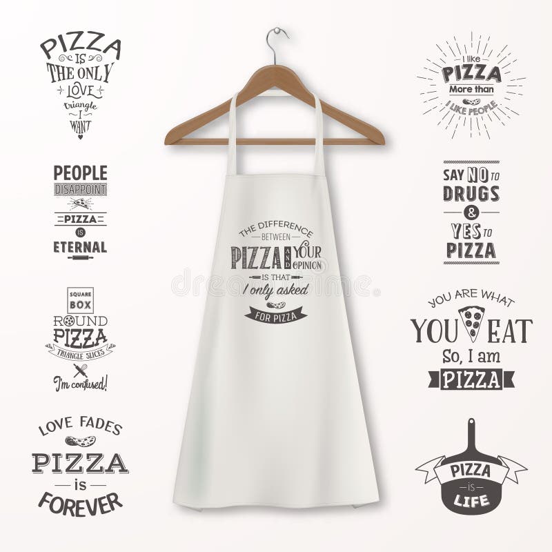 För bomullskök för vektorn ställde det realistiska vita förklädet med kläderträhängaren och citationstecken om pizza på in closeu stock illustrationer För bomullskök för vektorn ställde det realistiska vita förklädet med kläderträhängaren och citationstecken om pizza på in closeu stock illustrationer