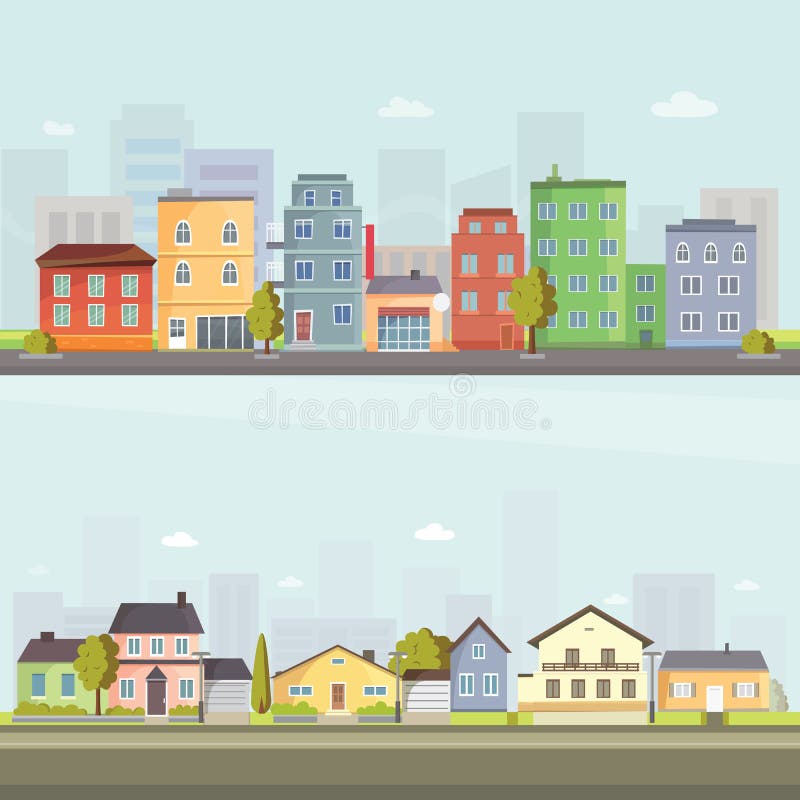 För daglandskap för stad planlägger utomhus- cityspace för byggnader för huset och för gatan utomhus- den moderna lägenheten för royaltyfri illustrationer