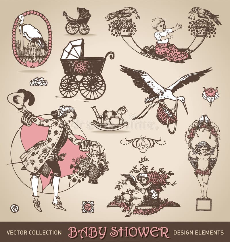För designbeståndsdelar för baby shower antik uppsättning () royaltyfri illustrationer För designbeståndsdelar för baby shower antik uppsättning () royaltyfri illustrationer
