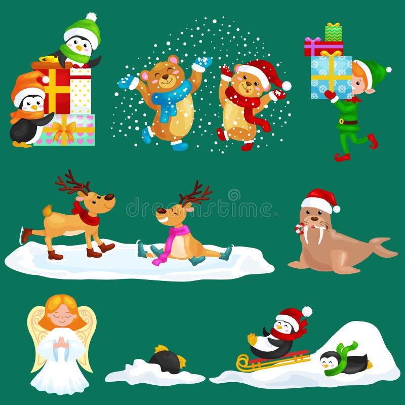 För djurvinter för illustration fastställda gåvor för pingvin för nordpolen för ferie och sledding ner kullarna royaltyfri illustrationer