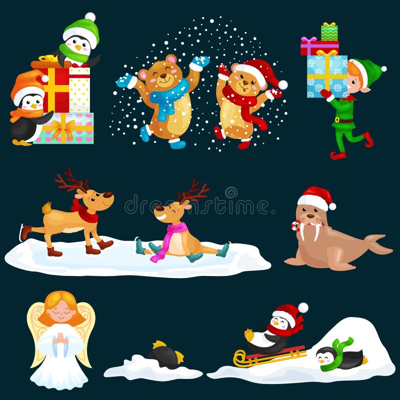 För djurvinter för illustration fastställda gåvor för pingvin för nordpolen för ferie och sledding ner kullarna, björnar under sn royaltyfri illustrationer