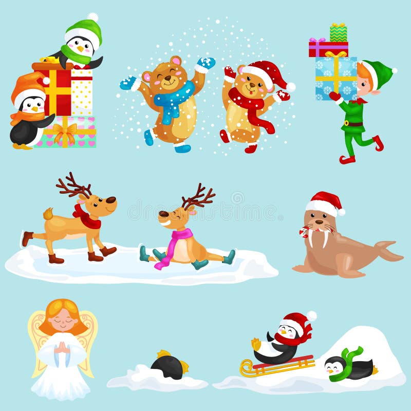 För djurvinter för illustration fastställda gåvor för pingvin för nordpolen för ferie och sledding ner kullarna, björnar under sn vektor illustrationer