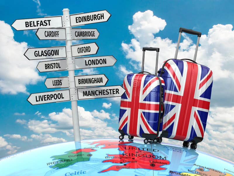 Travel concept. Suitcases and signpost what to visit in UK. 3d. Travel concept. Suitcases and signpost what to visit in UK. 3d