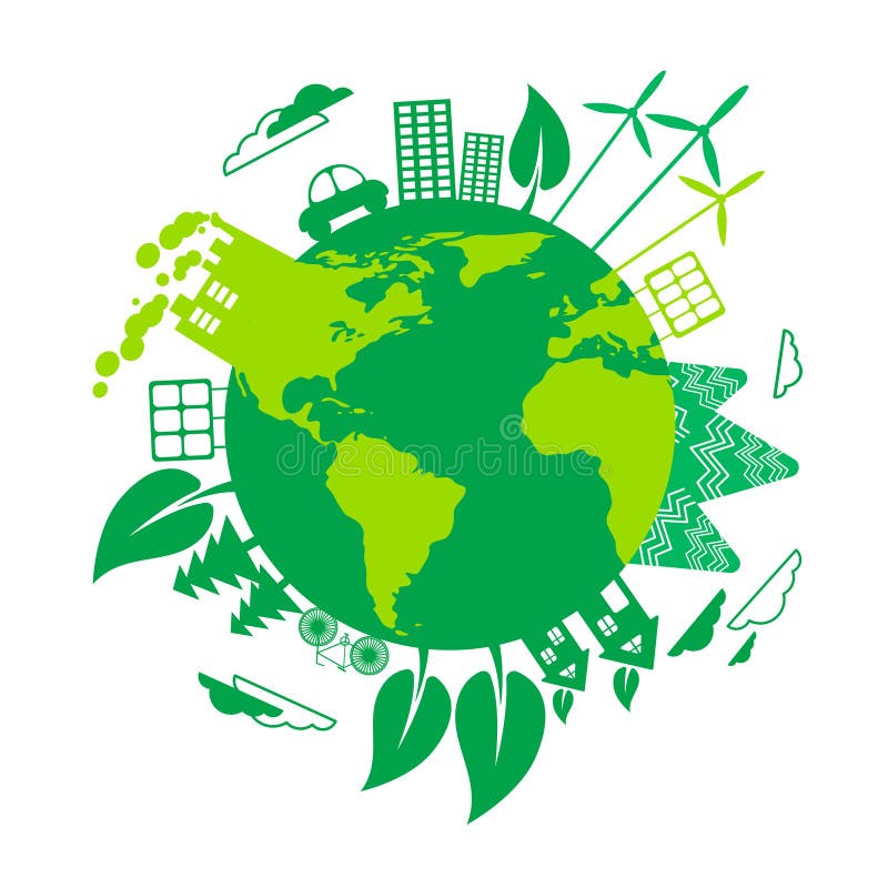För Eco för grön jord panel för sol- energi för turbin för vind jordklot stock illustrationer För Eco för grön jord panel för sol- energi för turbin för vind jordklot stock illustrationer