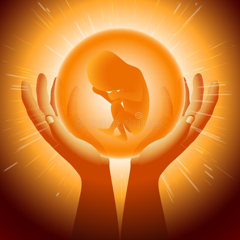 Hands with a transparent sphere with embryo; Protection of motherhood, the birth of a new life, pregnancy; Mystical Orb between palms; Eps10. Hands with a transparent sphere with embryo; Protection of motherhood, the birth of a new life, pregnancy; Mystical Orb between palms; Eps10