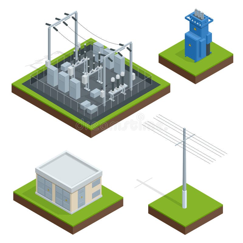 För fabriksfördelning för elektrisk energi kedja Kommunikation teknologistad, elkraft, energi Isometrisk vektor royaltyfri illustrationer