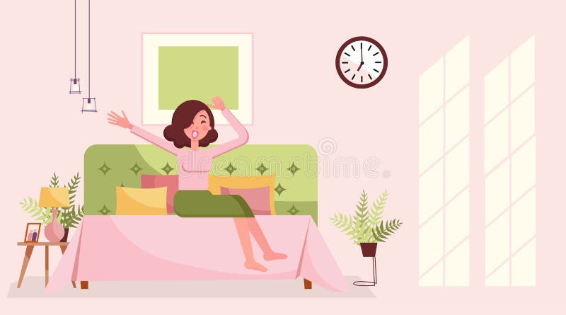 För flickaelasticitet för bra morgon gäspning i säng Sömnig ung kvinna i sängatt gäspa och stretchin Morgonsovruminre i försiktig stock illustrationer