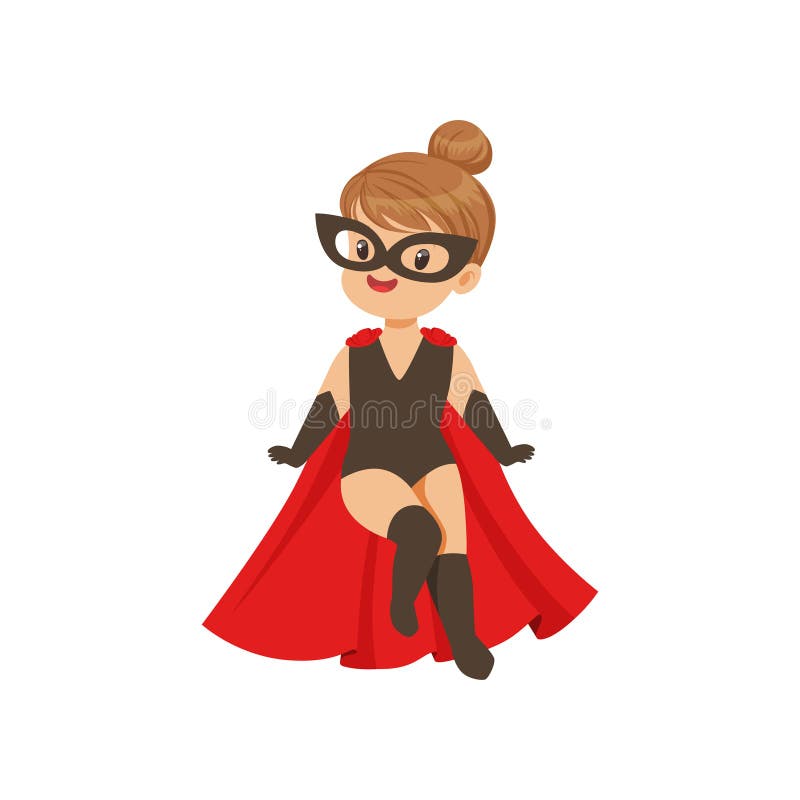 För flickaunge för komiker modigt toppet flyg i superherosvartdräkt, maskering och röd kappa Plant flickatecken för vektor in royaltyfri illustrationer För flickaunge för komiker modigt toppet flyg i superherosvartdräkt, maskering och röd kappa Plant flickatecken för vektor in royaltyfri illustrationer