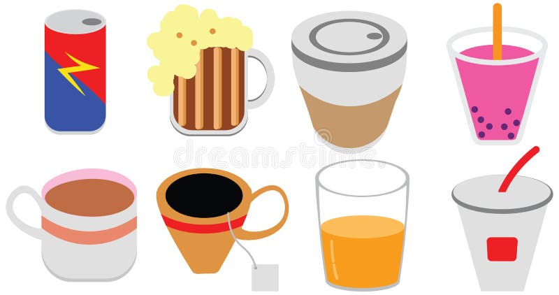 För färgpacke för tecknad film plan symbol för drink för energi för te för kafé för fruktsaft för kopp stock illustrationer För färgpacke för tecknad film plan symbol för drink för energi för te för kafé för fruktsaft för kopp stock illustrationer
