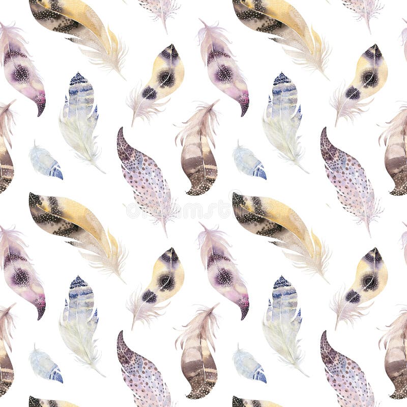 För fågelfjädrar för vattenfärg naturlig modell för boho Bohem Seamles royaltyfri illustrationer För fågelfjädrar för vattenfärg naturlig modell för boho Bohem Seamles royaltyfri illustrationer
