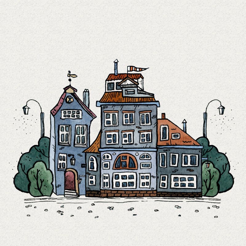 För gammal illustration för vattenfärg stadhand för Cityscape utdragen Gammalt stadslandskap med tornet, hus, träd Grungefärgpulv stock illustrationer För gammal illustration för vattenfärg stadhand för Cityscape utdragen Gammalt stadslandskap med tornet, hus, träd Grungefärgpulv stock illustrationer