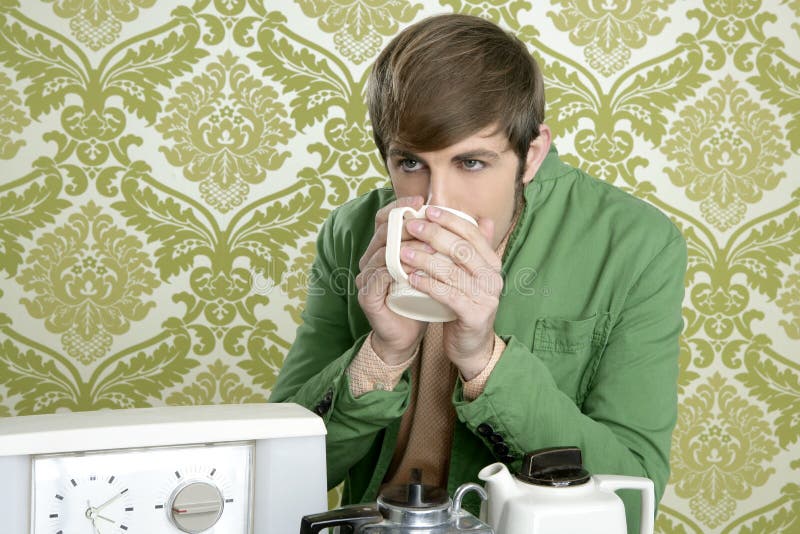 För geekman för kaffe dricka tappning för teapot för tea retro arkivbild