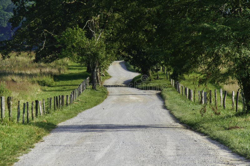 An empty gravel country road called Hyatt Lane, lined by wire fencing and trees in Cades Cove, a farming and former timber harvest location, in Great Smoky Mountain National Park. An empty gravel country road called Hyatt Lane, lined by wire fencing and trees in Cades Cove, a farming and former timber harvest location, in Great Smoky Mountain National Park.