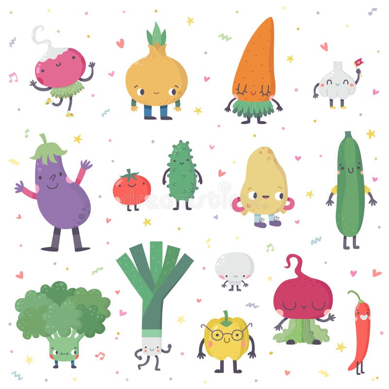 För grönsakvektor för gullig tecknad film levande uppsättning i trevliga färger stock illustrationer För grönsakvektor för gullig tecknad film levande uppsättning i trevliga färger stock illustrationer