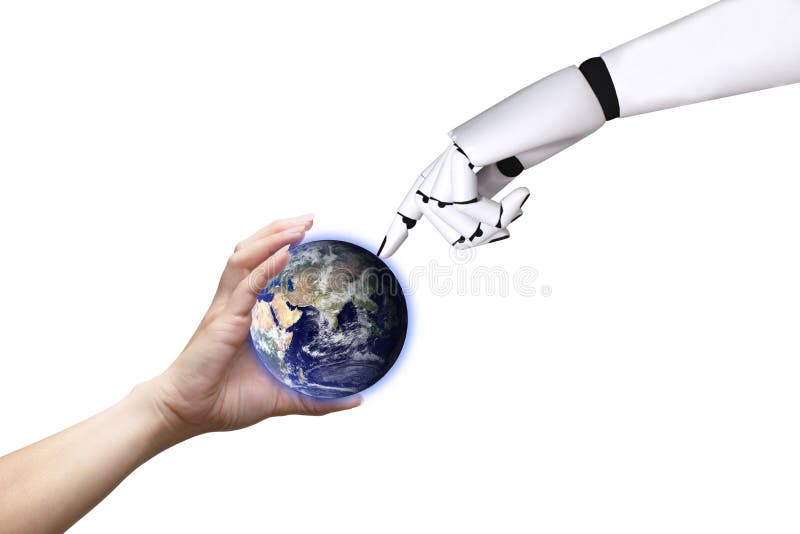 För handjordklot för teknologi vit bakgrund för mänsklig robot av jordbilden förutsatt att av Nasa royaltyfria foton