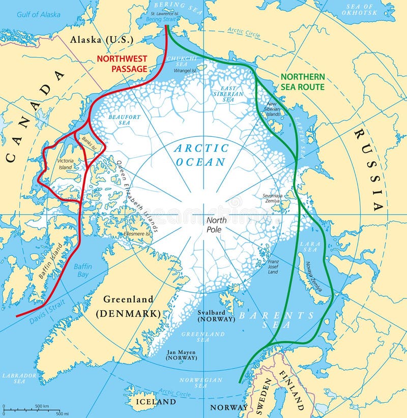 Arctic Ocean sea routes map with Northwest Passage and Northern Sea Route. Arctic Region map with countries, national borders, rivers, lakes and average minimum extent of sea ice. English labeling. Arctic Ocean sea routes map with Northwest Passage and Northern Sea Route. Arctic Region map with countries, national borders, rivers, lakes and average minimum extent of sea ice. English labeling.