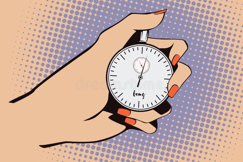 för illustrationorange för bakgrund ljust materiel Stil av popkonst och gamla komiker Stopwatch i hand stock illustrationer för illustrationorange för bakgrund ljust materiel Stil av popkonst och gamla komiker Stopwatch i hand stock illustrationer