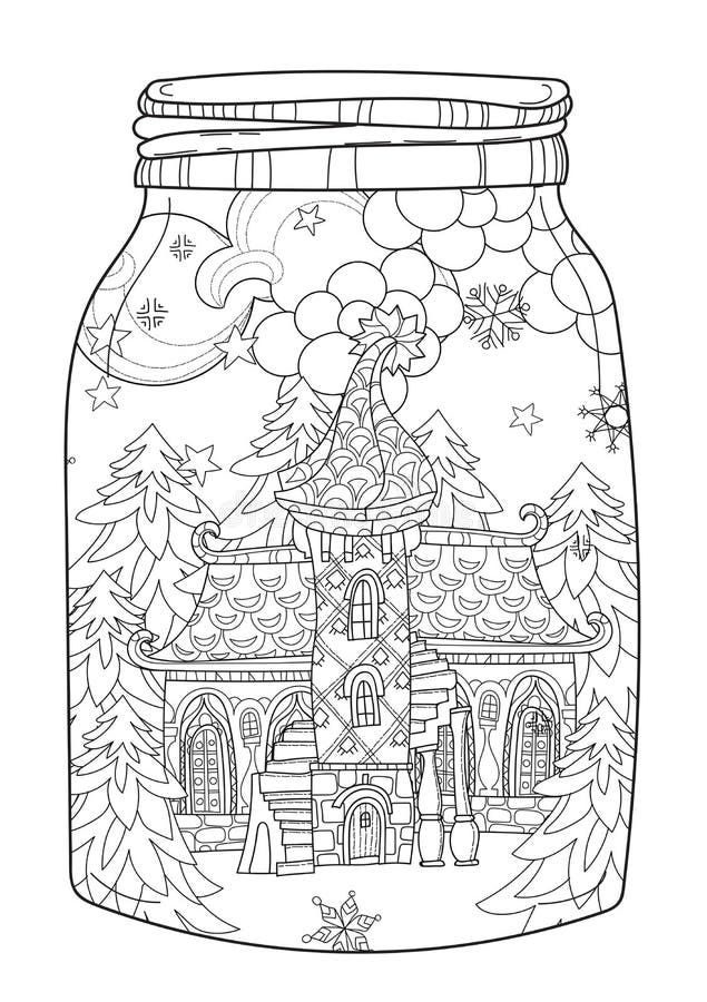 Vector cute christmas fairy europe tale town doodle in magic jar.Hand drawn line illustration.Sketch for postcard or print or coloring anti stress adult book.Boho zen art style. Vector cute christmas fairy europe tale town doodle in magic jar.Hand drawn line illustration.Sketch for postcard or print or coloring anti stress adult book.Boho zen art style.