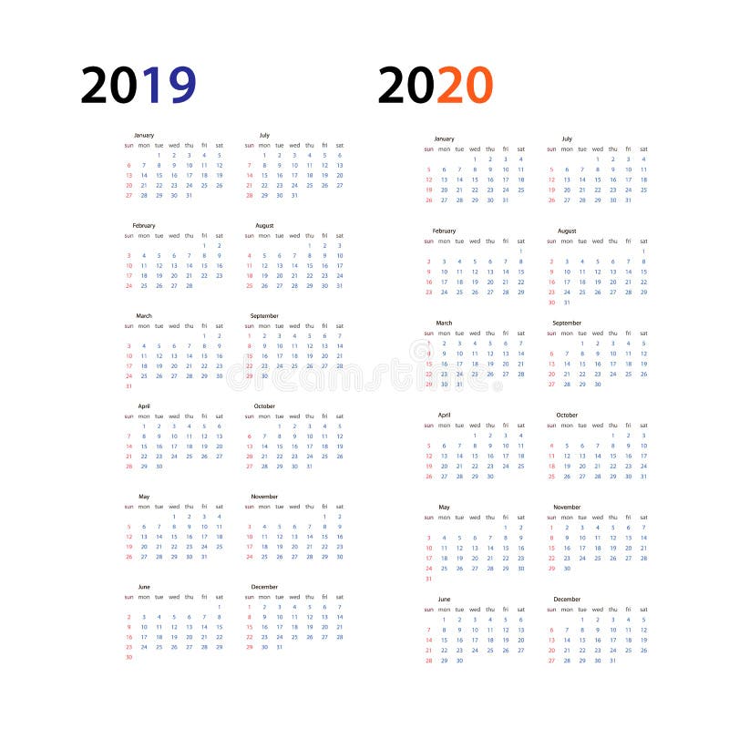 För kalenderhorisontalvektor för år 2019 och årsdesign för mall 2020 för design enkel och ren, Kalender för 2019 och 2020 stock illustrationer För kalenderhorisontalvektor för år 2019 och årsdesign för mall 2020 för design enkel och ren, Kalender för 2019 och 2020 stock illustrationer
