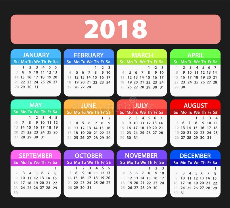 För kalendervektor för år 2018 mall, materielillustration royaltyfri illustrationer För kalendervektor för år 2018 mall, materielillustration royaltyfri illustrationer