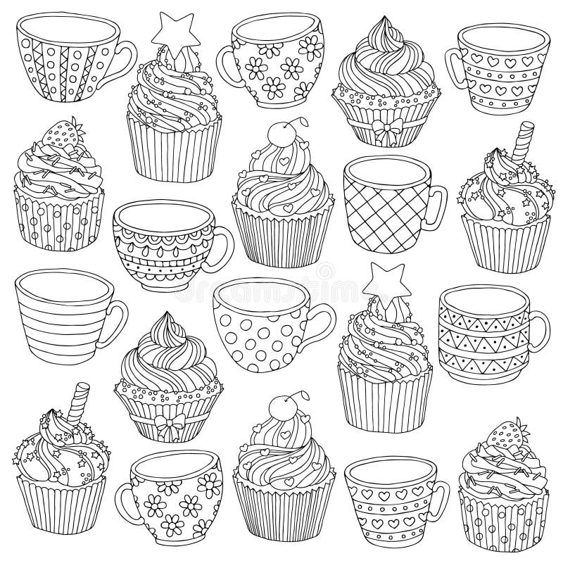 Vector hand drawn cup cupcake illustration for adult coloring book. Vector hand drawn cup cupcake illustration for adult coloring book.