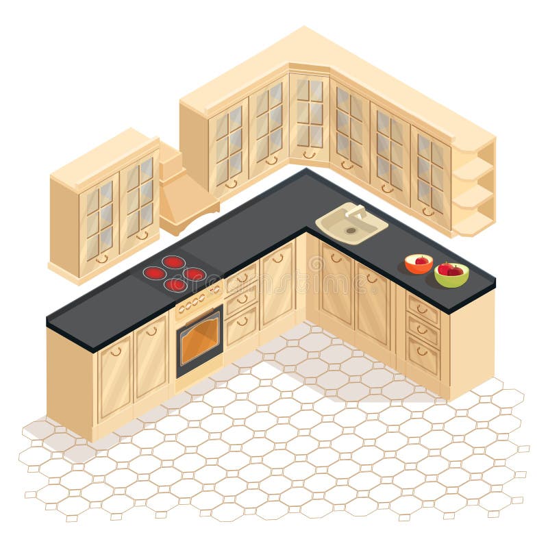 För kökmöblemang för isometrisk tecknad film retro symbol vektor royaltyfri illustrationer För kökmöblemang för isometrisk tecknad film retro symbol vektor royaltyfri illustrationer