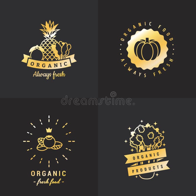 För logotappning för organisk mat guld- uppsättning för vektor Del en vektor illustrationer För logotappning för organisk mat guld- uppsättning för vektor Del en vektor illustrationer