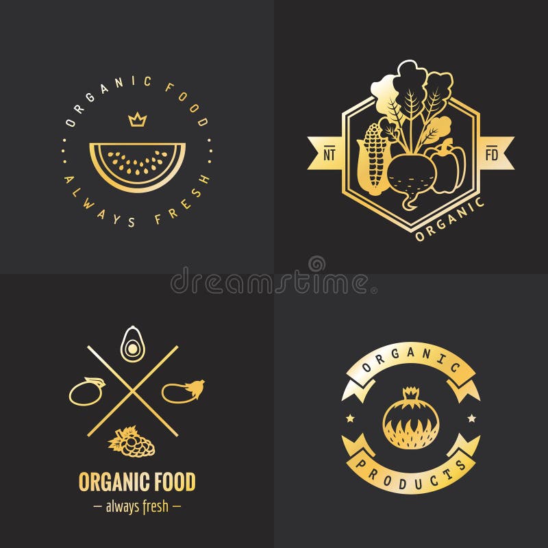 För logotappning för organisk mat guld- uppsättning för vektor Del en vektor illustrationer För logotappning för organisk mat guld- uppsättning för vektor Del en vektor illustrationer
